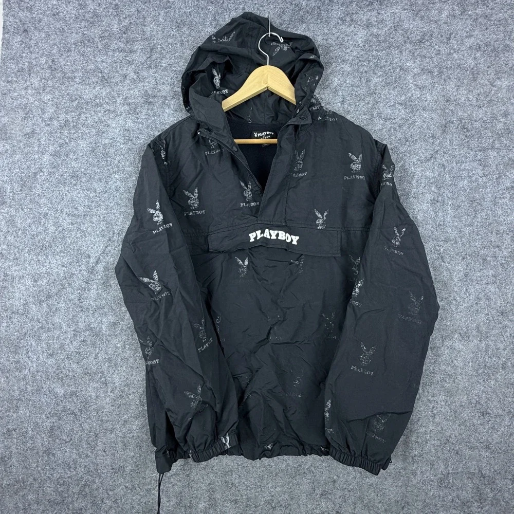 Playboy by PacSun Hooded Windbreaker Jacket Mens Medium Black Logo Streetwear